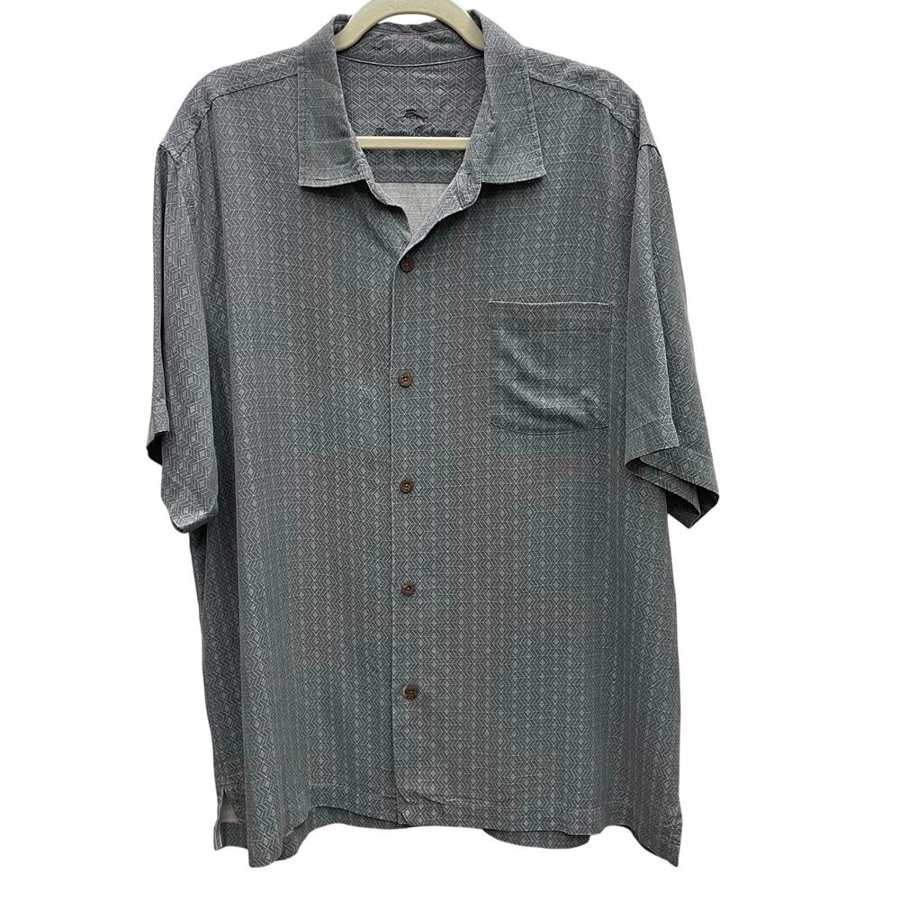 Tommy Bahama Silk Gray Short Sleeve Geometric Print Shirt Men’s size XL